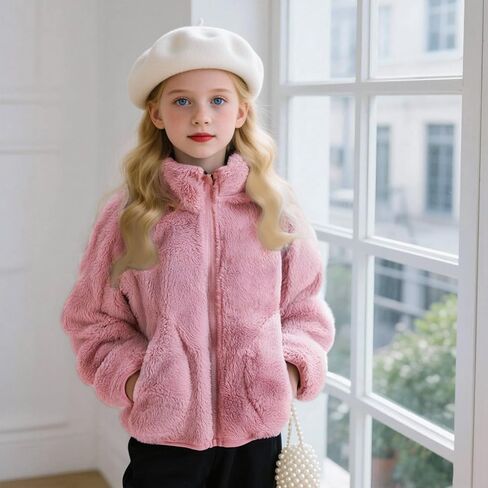 RKSTN Kids Fall Winter Coat Zip Up Fleece Jacket with Pockets Warm Plush Outwear Boys Girls Stand-Up Collar Cute Tops in Saudi Arabia