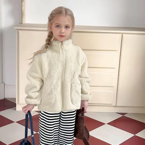 RKSTN Kids Fall Winter Coat Zip Up Fleece Jacket with Pockets Warm Plush Outwear Boys Girls Stand-Up Collar Cute Tops in Saudi Arabia
