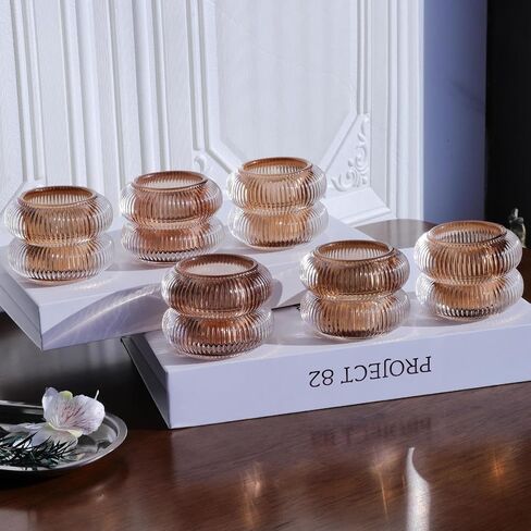 حاملي شموع شموع Woho مضلع مجموعة من 6 لطاولة الزفاف ، Amber Tealight Candle Holder Glass for Home Decor ، حامل شمعة شاي خمر لعيد الشكر/السقوط (بني ، 2.1 "H × 2.75" د) in Kuwait