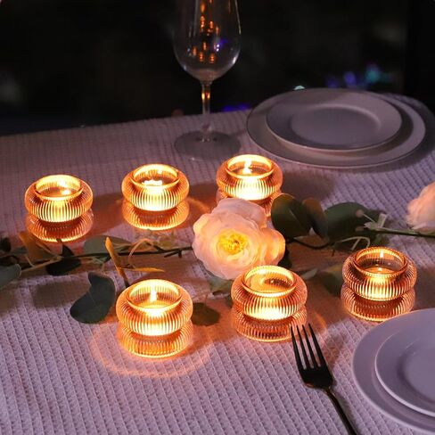 حاملي شموع شموع Woho مضلع مجموعة من 6 لطاولة الزفاف ، Amber Tealight Candle Holder Glass for Home Decor ، حامل شمعة شاي خمر لعيد الشكر/السقوط (بني ، 2.1 "H × 2.75" د) in Kuwait