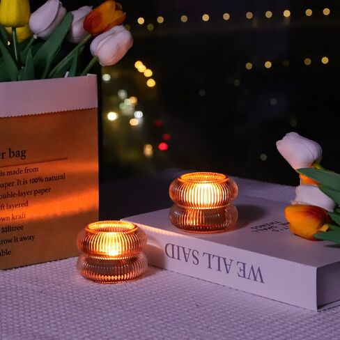 حاملي شموع شموع Woho مضلع مجموعة من 6 لطاولة الزفاف ، Amber Tealight Candle Holder Glass for Home Decor ، حامل شمعة شاي خمر لعيد الشكر/السقوط (بني ، 2.1 "H × 2.75" د) in Kuwait