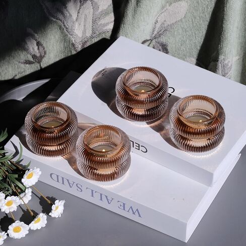 حاملي شموع شموع Woho مضلع مجموعة من 6 لطاولة الزفاف ، Amber Tealight Candle Holder Glass for Home Decor ، حامل شمعة شاي خمر لعيد الشكر/السقوط (بني ، 2.1 "H × 2.75" د) in Kuwait