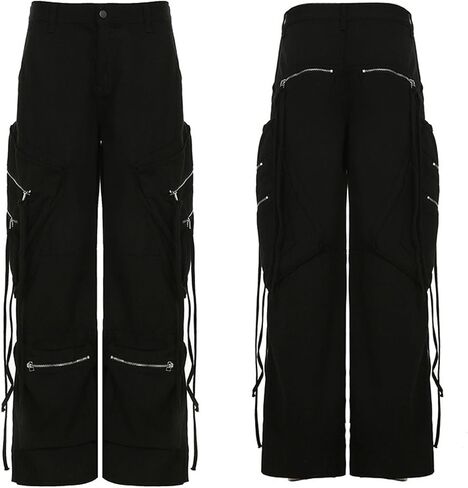 MEINVQIAOTI Streetwear Hip Hop Street Dance Streamer Goth Black Cargo Pants for Women Baggy Grunge High Waisted Cargo Pants in Kuwait
