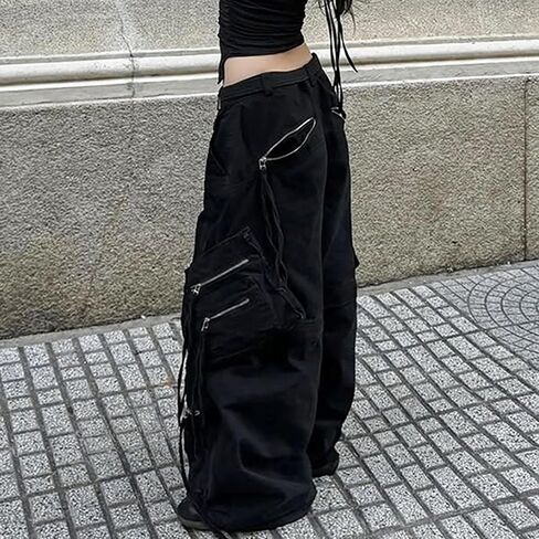 MEINVQIAOTI Streetwear Hip Hop Street Dance Streamer Goth Black Cargo Pants for Women Baggy Grunge High Waisted Cargo Pants in Kuwait