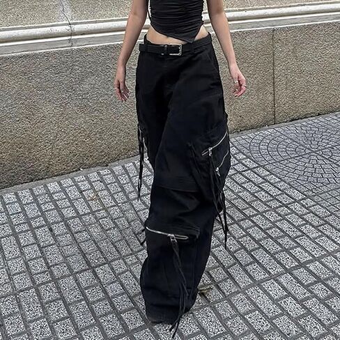MEINVQIAOTI Streetwear Hip Hop Street Dance Streamer Goth Black Cargo Pants for Women Baggy Grunge High Waisted Cargo Pants in Kuwait
