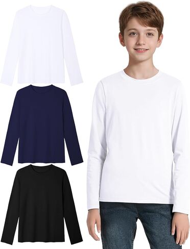 3 Pack Boys Long Sleeve Shirts Girls Cotton Crewneck T-Shirts Kids Basic Soft Long Sleeve Tees Top 5-13 Years in Kuwait