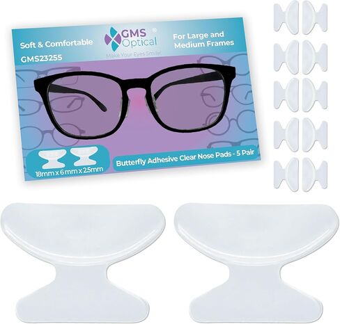 GMS Optical 1.8mm Reg-thin/18mm Long Length- Adhesive Butterfly Contoured Shape Anti-Slip Silicone Eyeglass Nose Pads, Non-Slip Nose Pads for Glasses, For Sunglass Nose Pads Replacement -10 Pair Clear in Kuwait