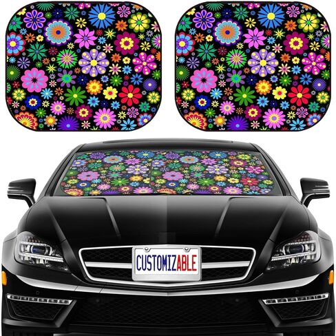 MSD Car Sun Shade Windshield Sunshade Universal Fit 2 Pack، كتلة وهج الشمس، الأشعة فوق البنفسجية والحرارة، حماية الجزء الداخلي للسيارة، معرف الصورة: 12077553 رسم توضيحي لزهرة ملونة على خلفية سوداء in Kuwait