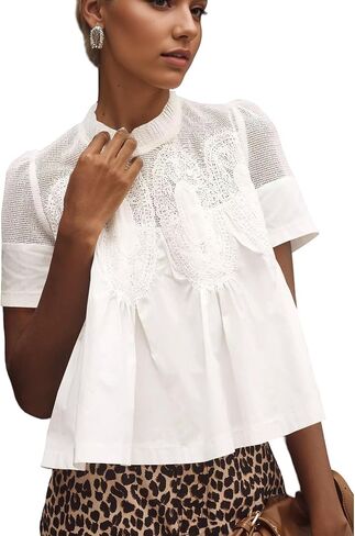 Women Swing Lace Blouse Summer Mock Neck Puff Short Sleeve Mesh Tops See Through A-Line Pleated Shirts Babydoll Top in Saudi Arabia