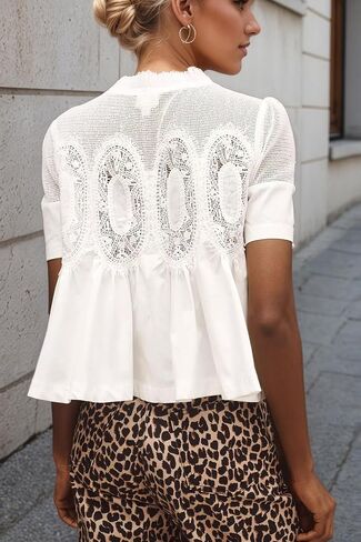 Women Swing Lace Blouse Summer Mock Neck Puff Short Sleeve Mesh Tops See Through A-Line Pleated Shirts Babydoll Top in Saudi Arabia
