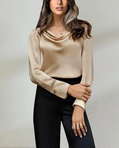 Women’s 25 Momme Cowl Neck Silk Blouse – Long Sleeve Washable Silk Charmeuse Top for Work or Evening in Kuwait