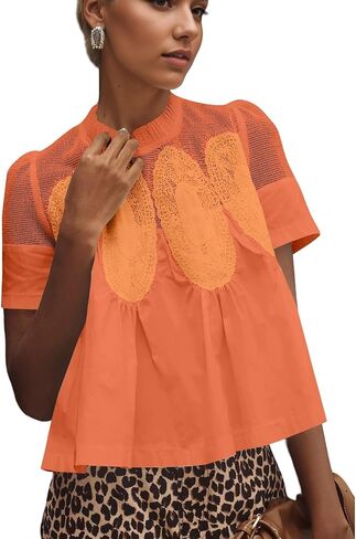 Women Swing Lace Blouse Summer Mock Neck Puff Short Sleeve Mesh Tops See Through A-Line Pleated Shirts Babydoll Top in Saudi Arabia