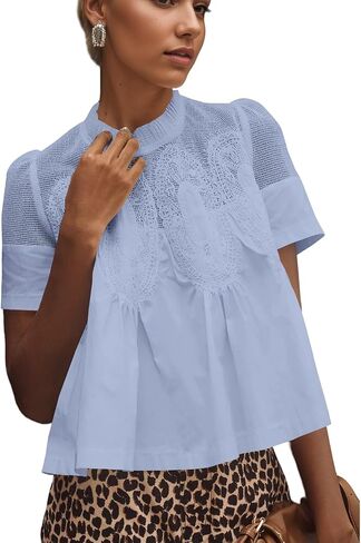 Women Swing Lace Blouse Summer Mock Neck Puff Short Sleeve Mesh Tops See Through A-Line Pleated Shirts Babydoll Top in Saudi Arabia