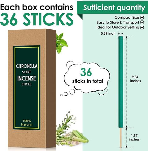 Qualirey 36 PCS عصي البخور السترونيلا ، عصي السترونيلا الخضراء للخارج المصنوعة من النباتات الطبيعية ، تصل إلى 12 قدمًا لفناء الفناء الخلفي للتخييم النزهات الأنشطة في الهواء الطلق in Kuwait