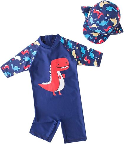 Kid Boys Chic Animals Printed One-Piece Rash Guard with Sun Hat 2pcs Swimsuit Pool Swimwear Beach Bathing Suit in Kuwait
