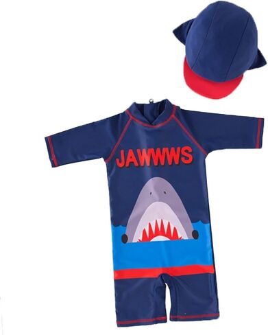 Kid Boys Chic Animals Printed One-Piece Rash Guard with Sun Hat 2pcs Swimsuit Pool Swimwear Beach Bathing Suit in Kuwait