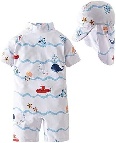 Kid Boys Chic Animals Printed One-Piece Rash Guard with Sun Hat 2pcs Swimsuit Pool Swimwear Beach Bathing Suit in Kuwait
