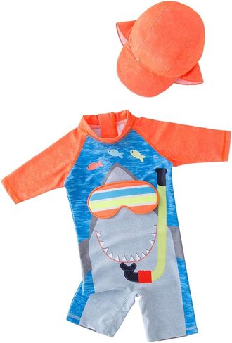 Kid Boys Chic Animals Printed One-Piece Rash Guard with Sun Hat 2pcs Swimsuit Pool Swimwear Beach Bathing Suit in Kuwait