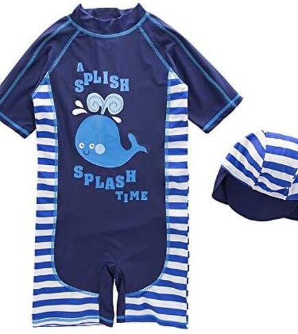 Kid Boys Chic Animals Printed One-Piece Rash Guard with Sun Hat 2pcs Swimsuit Pool Swimwear Beach Bathing Suit in Kuwait
