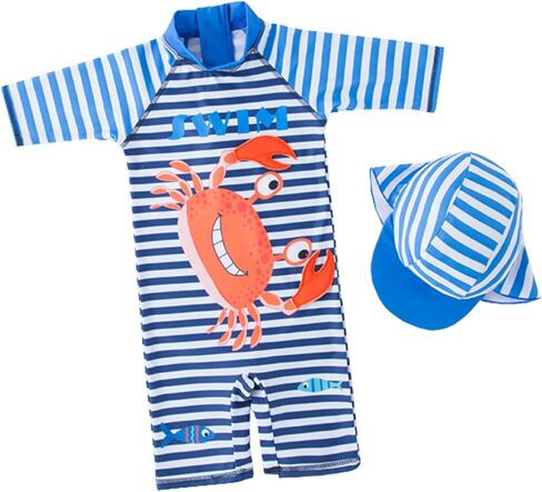 Kid Boys Chic Animals Printed One-Piece Rash Guard with Sun Hat 2pcs Swimsuit Pool Swimwear Beach Bathing Suit in Kuwait