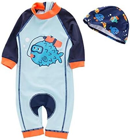 Kid Boys Chic Animals Printed One-Piece Rash Guard with Sun Hat 2pcs Swimsuit Pool Swimwear Beach Bathing Suit in Kuwait