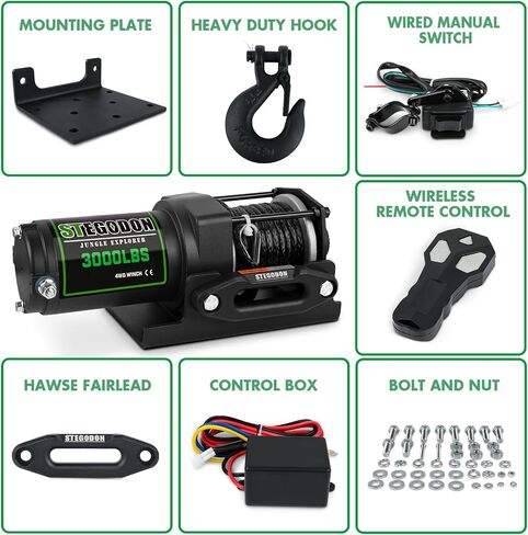 3000lb ATV/UTV Winch,Electric Winch 12V,Winch with Synthetic Rope,Winch with Wireless Remote Control and Manual Switch, with Hawse Fairlead,IP67 Waterproof,Suitable for Most ATVs and UTVs in Saudi Arabia