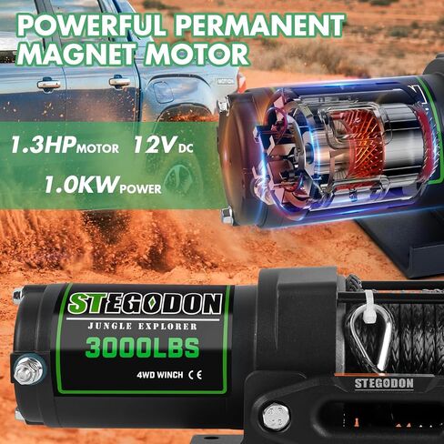3000lb ATV/UTV Winch,Electric Winch 12V,Winch with Synthetic Rope,Winch with Wireless Remote Control and Manual Switch, with Hawse Fairlead,IP67 Waterproof,Suitable for Most ATVs and UTVs in Saudi Arabia