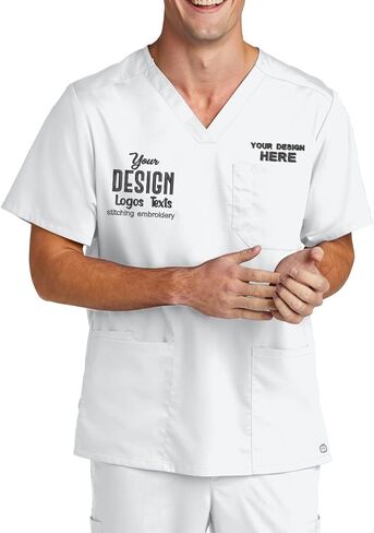 INK STITCH Unisex WW5068 Men Embroidered Logo Texts Premiere Flex V Neck Pocket Scrub Shirts - Multicolors in Kuwait