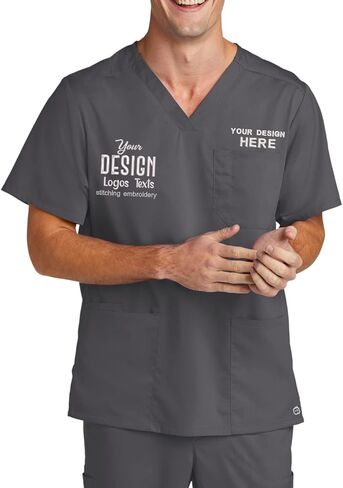 INK STITCH Unisex WW5068 Men Embroidered Logo Texts Premiere Flex V Neck Pocket Scrub Shirts - Multicolors in Kuwait