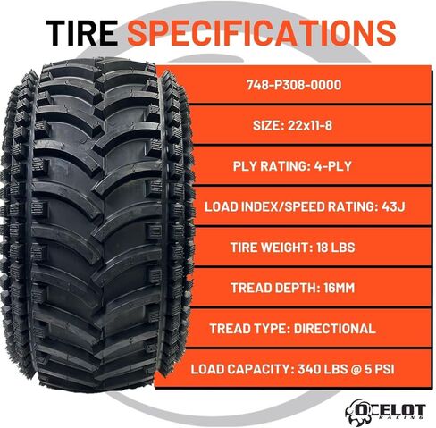 Ocelot Cross Country 4-Ply Modified V-Tread Utility ATV Tire 22X11-8 P308 in Kuwait