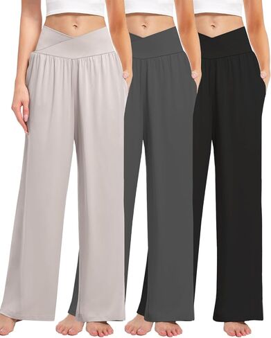 3 Pack Women's Wide Leg Pants Crossover with Pockets High Waist Loose Sweatpants Casual Lounge Yoga Workout Palazzo in Saudi Arabia