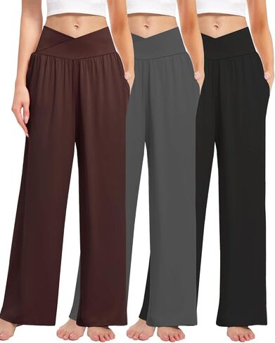 3 Pack Women's Wide Leg Pants Crossover with Pockets High Waist Loose Sweatpants Casual Lounge Yoga Workout Palazzo in Saudi Arabia
