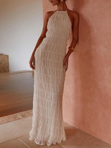 Women Y2k Backless Long Dress Halter Tie Neck Maxi Dress Flowy Beach Sundress Summer Streetwear in Kuwait