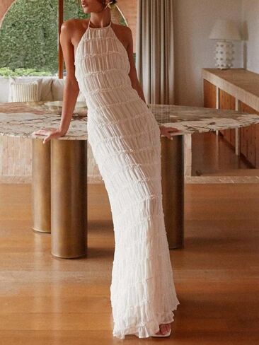 Women Y2k Backless Long Dress Halter Tie Neck Maxi Dress Flowy Beach Sundress Summer Streetwear in Kuwait