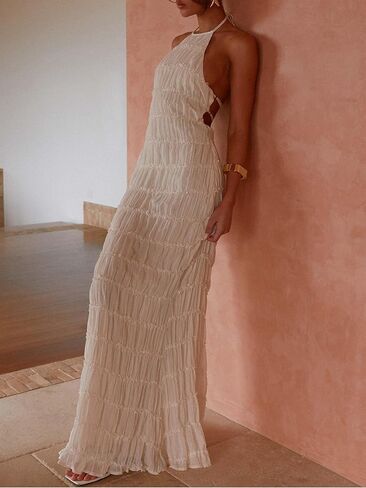 Women Y2k Backless Long Dress Halter Tie Neck Maxi Dress Flowy Beach Sundress Summer Streetwear in Kuwait