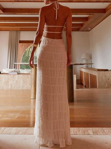 Women Y2k Backless Long Dress Halter Tie Neck Maxi Dress Flowy Beach Sundress Summer Streetwear in Kuwait