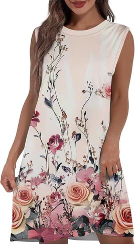 Womens Casual Loose Beach Pockets Dress Printed Crew Neck Sleeveless Sundress Vacation 2025 Summer Mini Dresses in Saudi Arabia