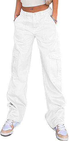 QYANGG High Waist Stretch Cargo Pants Women Baggy Multiple Pockets Relaxed Fit Straight Wide Leg Y2K Pants in Saudi Arabia