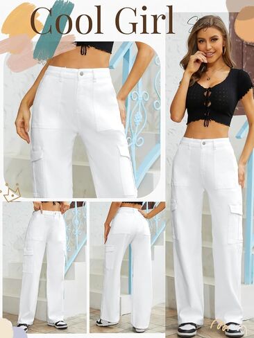 QYANGG High Waist Stretch Cargo Pants Women Baggy Multiple Pockets Relaxed Fit Straight Wide Leg Y2K Pants in Saudi Arabia