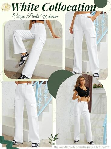 QYANGG High Waist Stretch Cargo Pants Women Baggy Multiple Pockets Relaxed Fit Straight Wide Leg Y2K Pants in Saudi Arabia