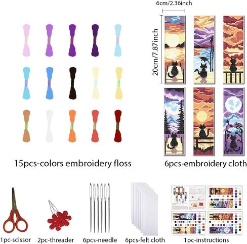 FREEBLOSS 6 Set Bookmark Cross Stitch Kits Cartoon Cat&Fish Jar&Windowsill Bookmark Cross Stitch Kit with Instructions Embroidery Bookmark Kit for Adults Beginners Handmade Bookmarks for Book Gift in Saudi Arabia