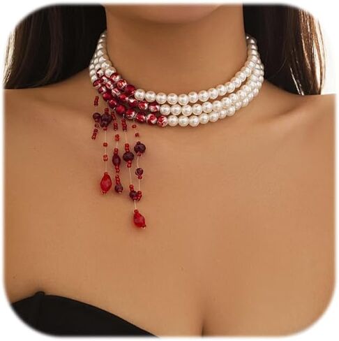 Bleeding Pearl Necklace for Women - Dripping Blood Vampire Choker Necklace - Spooky Pearl Necklace for Halloween Party Jewelry in Saudi Arabia