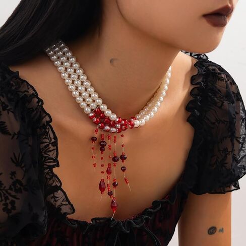 Bleeding Pearl Necklace for Women - Dripping Blood Vampire Choker Necklace - Spooky Pearl Necklace for Halloween Party Jewelry in Saudi Arabia