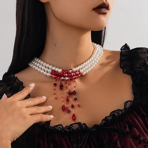 Bleeding Pearl Necklace for Women - Dripping Blood Vampire Choker Necklace - Spooky Pearl Necklace for Halloween Party Jewelry in Saudi Arabia