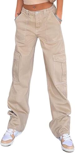 QYANGG High Waist Stretch Cargo Pants Women Baggy Multiple Pockets Relaxed Fit Straight Wide Leg Y2K Pants in Saudi Arabia