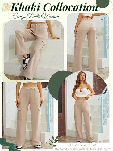 QYANGG High Waist Stretch Cargo Pants Women Baggy Multiple Pockets Relaxed Fit Straight Wide Leg Y2K Pants in Saudi Arabia