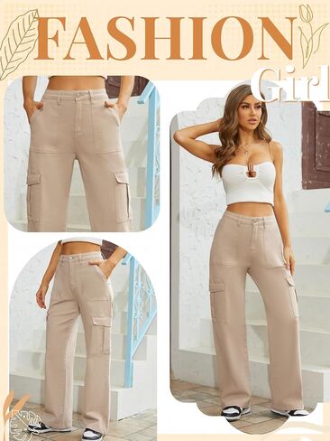QYANGG High Waist Stretch Cargo Pants Women Baggy Multiple Pockets Relaxed Fit Straight Wide Leg Y2K Pants in Saudi Arabia