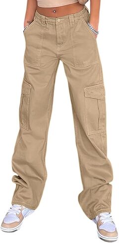 QYANGG High Waist Stretch Cargo Pants Women Baggy Multiple Pockets Relaxed Fit Straight Wide Leg Y2K Pants in Saudi Arabia