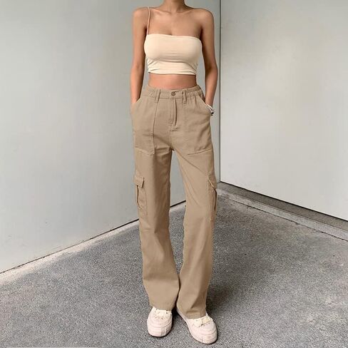QYANGG High Waist Stretch Cargo Pants Women Baggy Multiple Pockets Relaxed Fit Straight Wide Leg Y2K Pants in Saudi Arabia