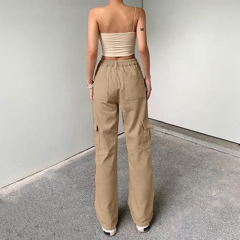 QYANGG High Waist Stretch Cargo Pants Women Baggy Multiple Pockets Relaxed Fit Straight Wide Leg Y2K Pants in Saudi Arabia